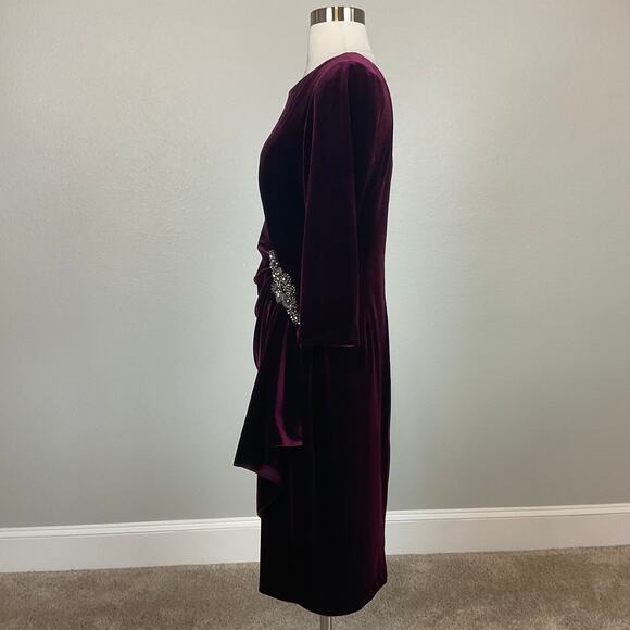 Alex Evenings Burgundy Red Velvet Cocktail Dress Size 16 Beaded Ruffled Sheath - Picture 3 of 15